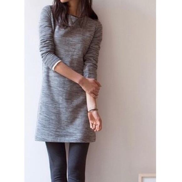 LOFT Dresses & Skirts - Loft‎ Gray Long Sleeve Faux Leather Shoulder Crew Neck Knit Shift Dress Sz Small